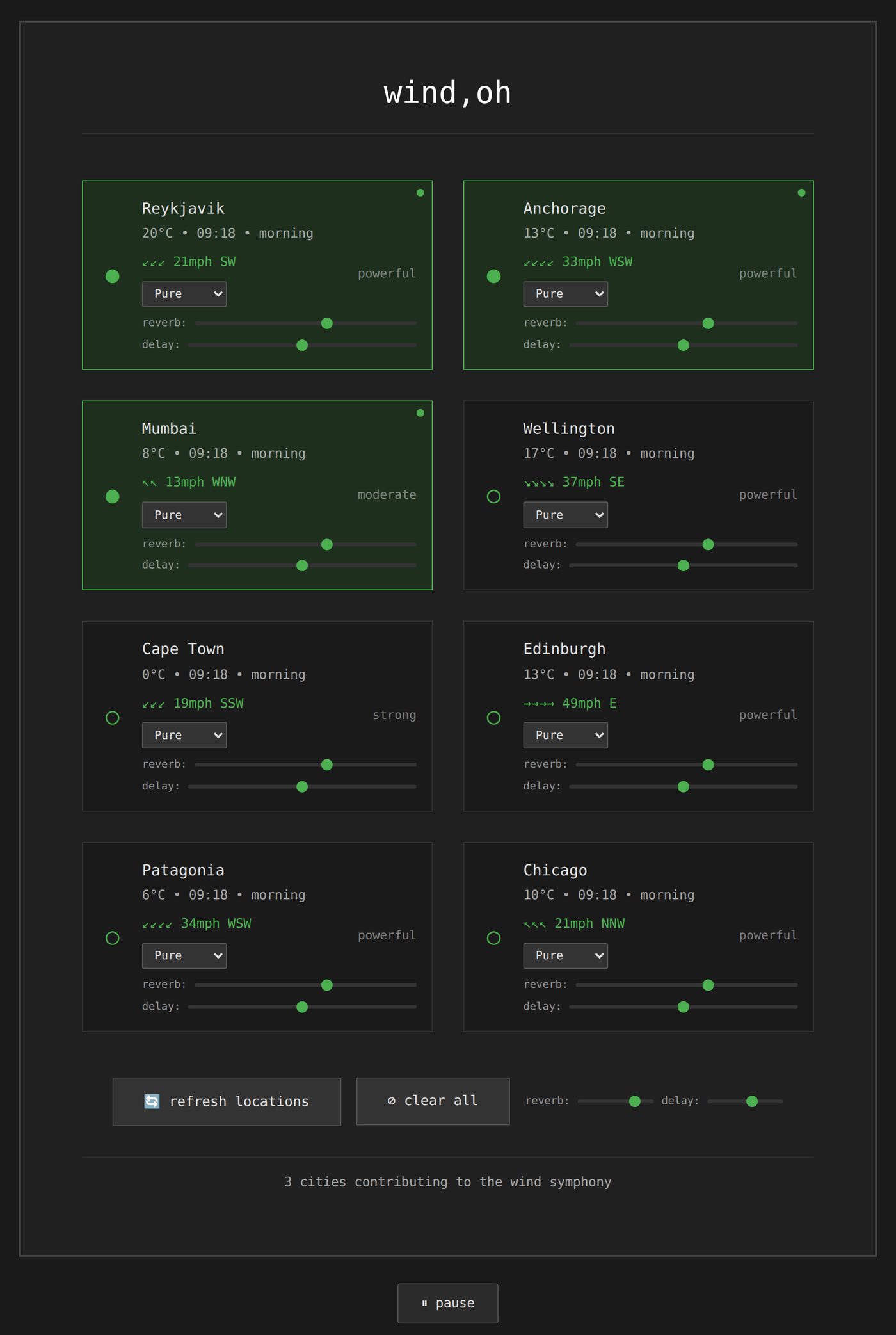 Dark version with green active city cards