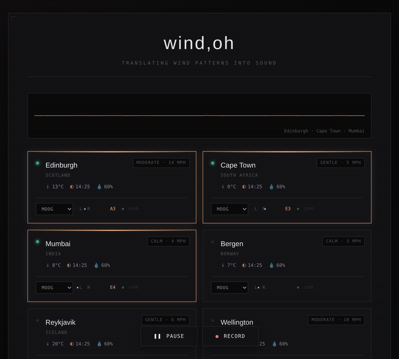 Dark version with city cards and a waveform